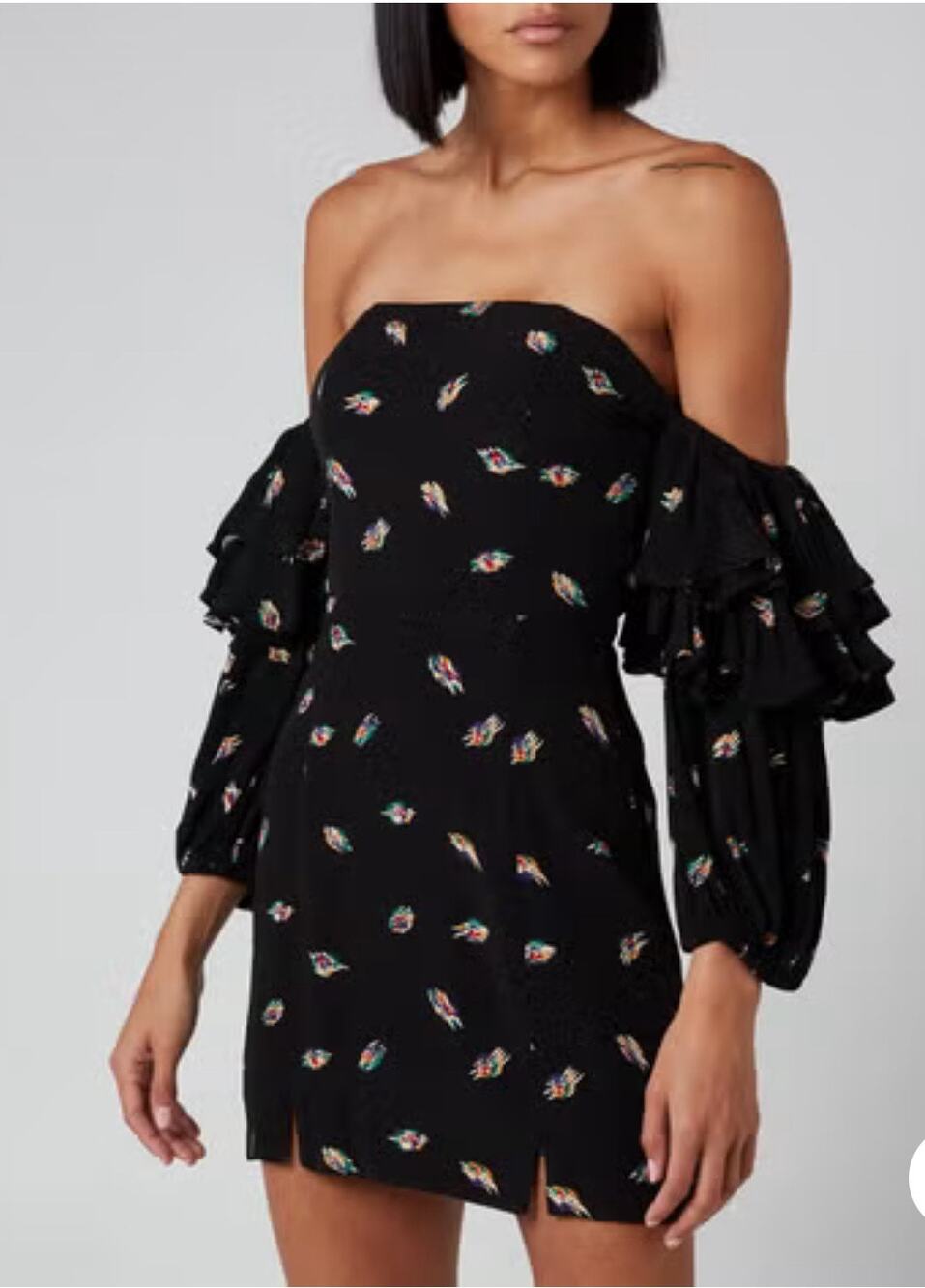 Rotate Mini Dress Off-Shoulder Long Sleeve Black Floral Ruffle Trim